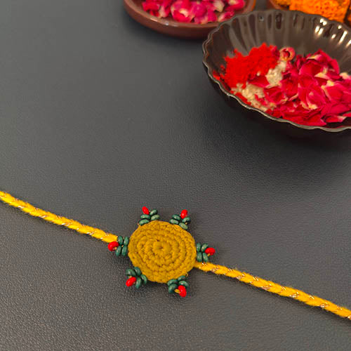 Crochet Yellow/ Leaf Green Cotton Handmade Rakhi