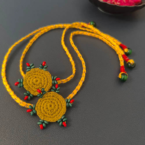 Crochet Yellow/ Leaf Green Cotton Handmade Rakhi