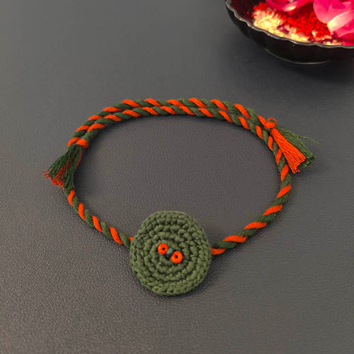 Ring Crochet Green Rust Cotton Handmade Rakhi