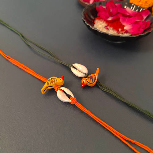 Wooden Bird Cotton Dori Rakhi set of 2