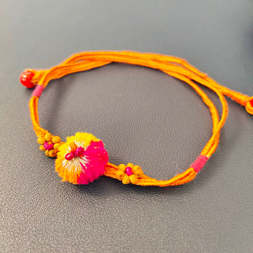 Pink/Orange Pom-pom Wooden Beads Rakhi/Lumba set