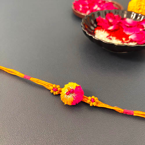 Pink/Orange Pom-pom Wooden Beads Rakhi/Lumba set