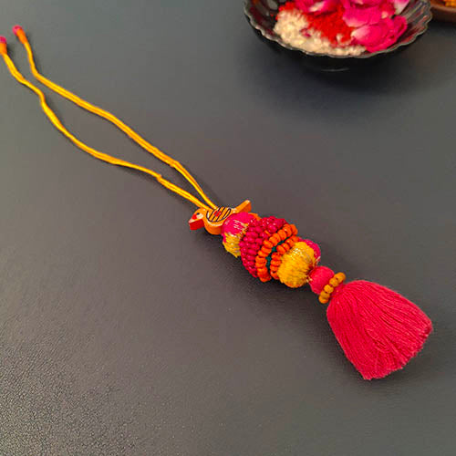 Pink/Orange Pom-pom Wooden Beads Rakhi/Lumba set