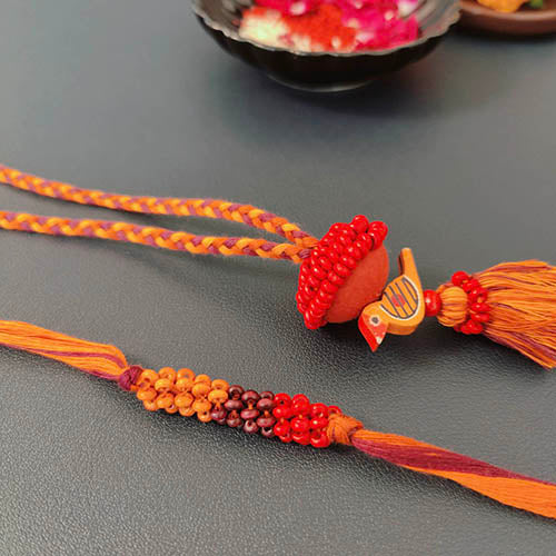 Rust/Purple Thread Wooden Beads Rakhi/Lumba set