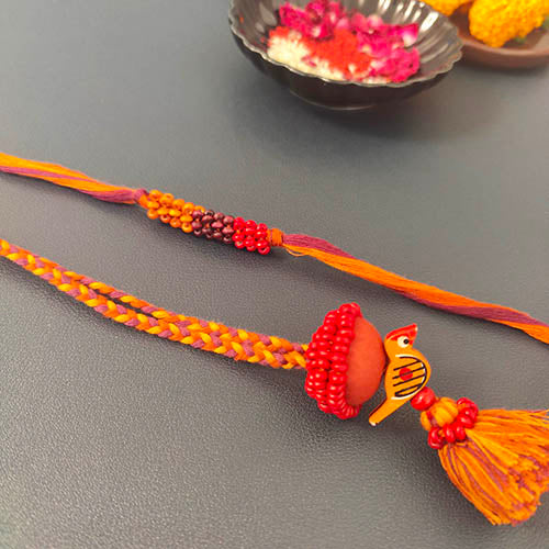 Rust/Purple Thread Wooden Beads Rakhi/Lumba set