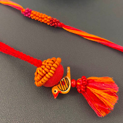 Pink/Orange Thread Wooden Beads Rakhi/Lumba set