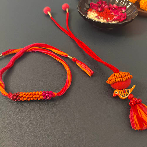 Pink/Orange Thread Wooden Beads Rakhi/Lumba set