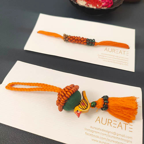 Orange/Teal Thread Wooden Beads Rakhi/Lumba set