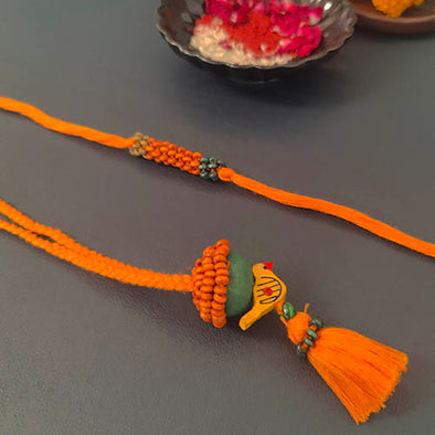 Orange/Teal Thread Wooden Beads Rakhi/Lumba set