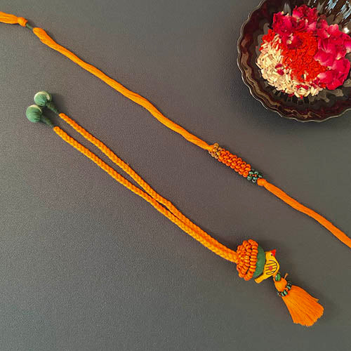 Orange/Teal Thread Wooden Beads Rakhi/Lumba set