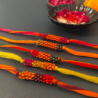 Handmade Multi color Thread Wooden Beads Rakhi set of  5