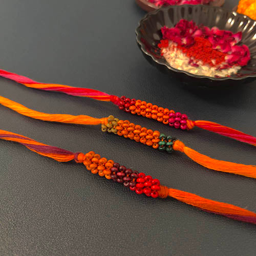 Handmade Multi color Thread Wooden Beads Rakhi set of 3