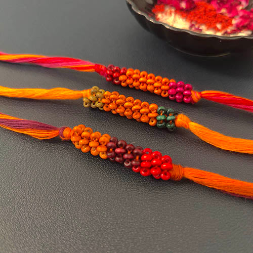 Handmade Multi color Thread Wooden Beads Rakhi set of 3