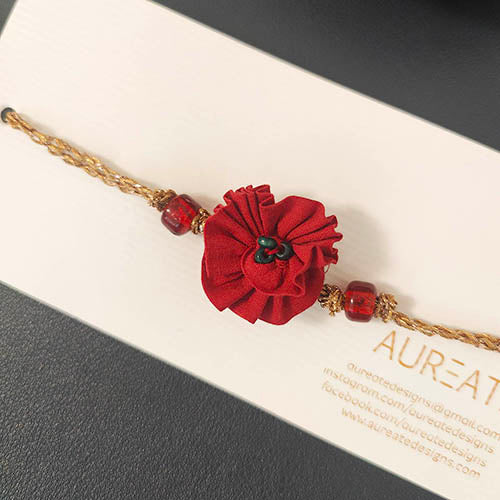 Rose Crimson Gold  Fabric Dori Rakhi