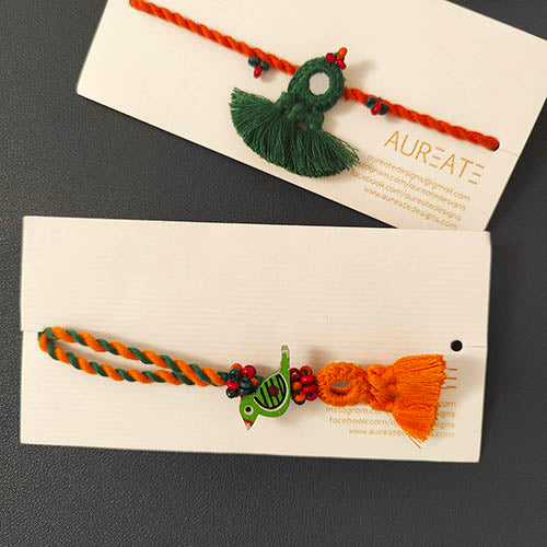 Green/Orange Mirror Tassel Wooden Beads Rakhi/Lumba set