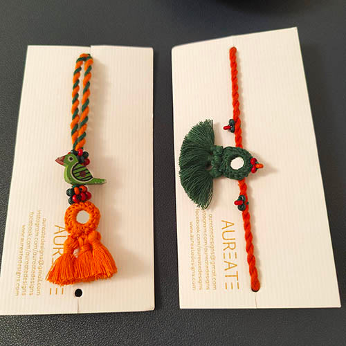 Green/Orange Mirror Tassel Wooden Beads Rakhi/Lumba set