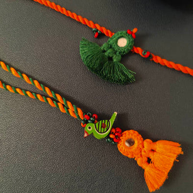 Green/Orange Mirror Tassel Wooden Beads Rakhi/Lumba set