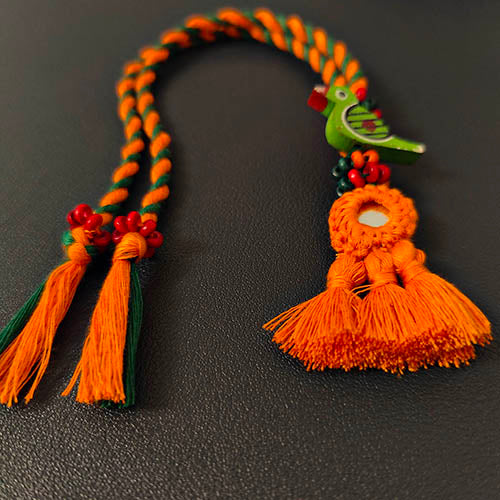 Green/Orange Mirror Tassel Wooden Beads Rakhi/Lumba set