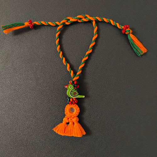 Green/Orange Mirror Tassel Wooden Beads Rakhi/Lumba set