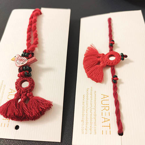 Cherry Red Mirror Tassel Wooden Beads Rakhi/Lumba set