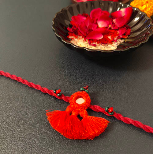 Cherry Red Mirror Tassel Wooden Beads Rakhi/Lumba set