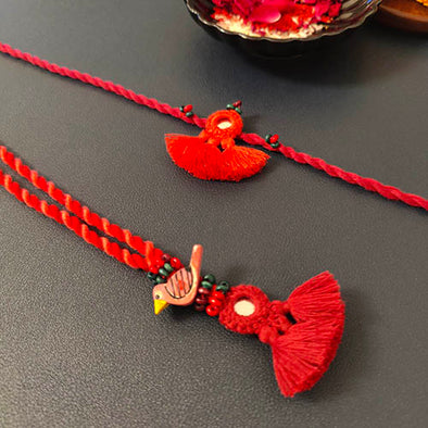 Cherry Red Mirror Tassel Wooden Beads Rakhi/Lumba set