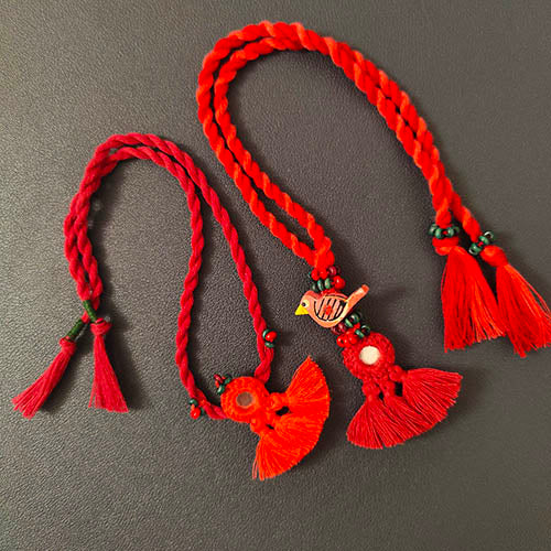 Cherry Red Mirror Tassel Wooden Beads Rakhi/Lumba set