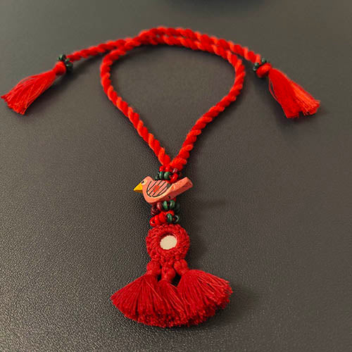 Cherry Red Mirror Tassel Wooden Beads Rakhi/Lumba set