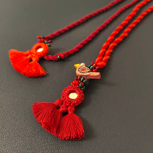 Cherry Red Mirror Tassel Wooden Beads Rakhi/Lumba set