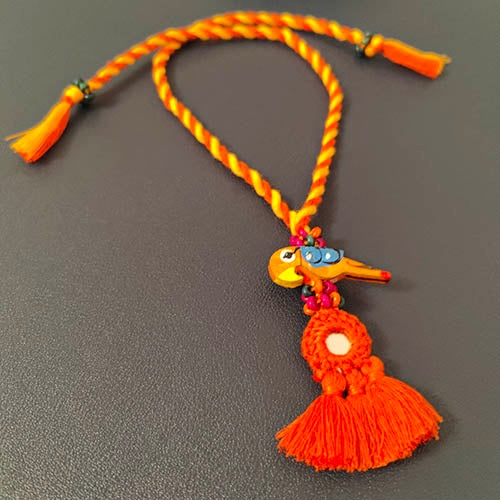 Orange Yellow Mirror Tassel Wooden Beads Rakhi/Lumba set