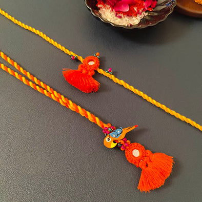 Orange Yellow Mirror Tassel Wooden Beads Rakhi/Lumba set