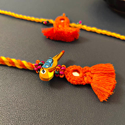 Orange Yellow Mirror Tassel Wooden Beads Rakhi/Lumba set