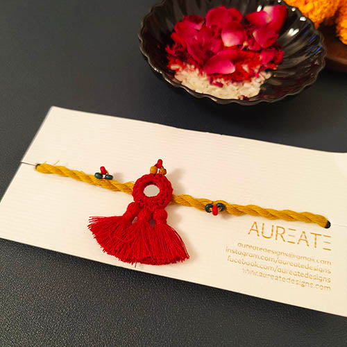 Yellow Red Mirror Tassel Wooden Beads Rakhi/Lumba set