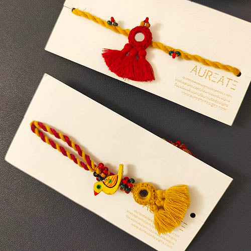 Yellow Red Mirror Tassel Wooden Beads Rakhi/Lumba set