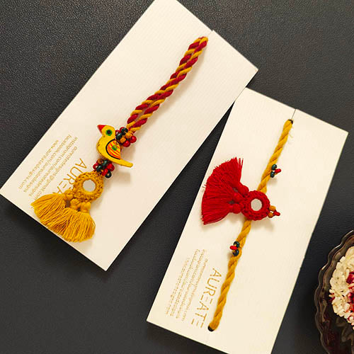 Yellow Red Mirror Tassel Wooden Beads Rakhi/Lumba set