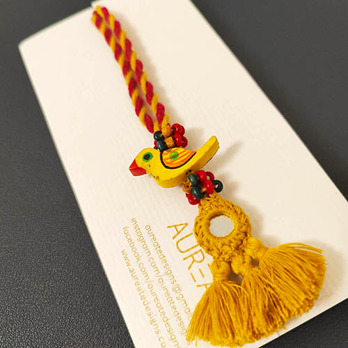 Yellow Red Mirror Tassel Wooden Beads Rakhi/Lumba set