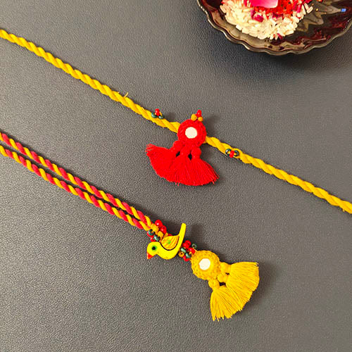 Yellow Red Mirror Tassel Wooden Beads Rakhi/Lumba set