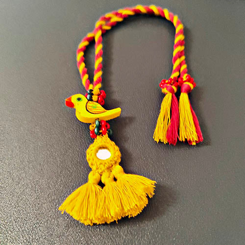 Yellow Red Mirror Tassel Wooden Beads Rakhi/Lumba set