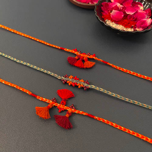 Tassel Rust Silver Cotton Handmade Adult Rakhi (Set of 3)