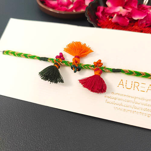 Tassel Orange Green Cotton Handmade Adult Rakhi (Set of 3)