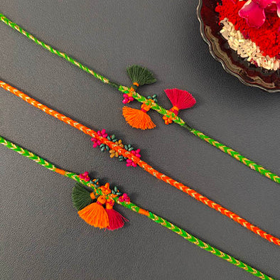 Tassel Orange Green Cotton Handmade Adult Rakhi (Set of 3)