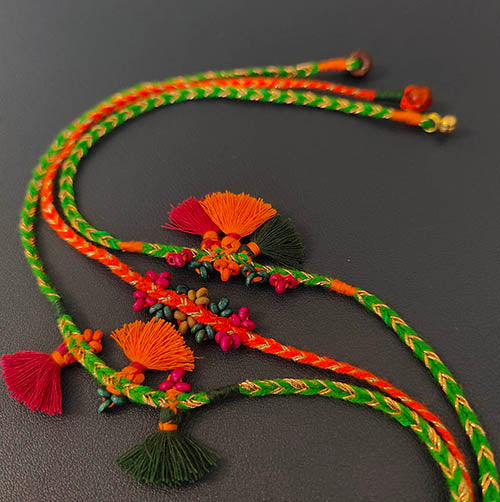 Tassel Orange Green Cotton Handmade Adult Rakhi (Set of 3)