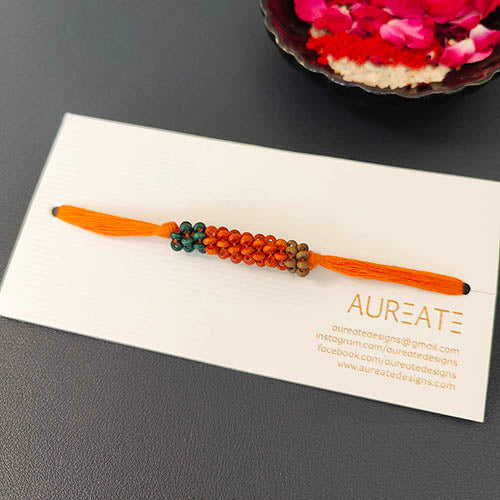 Orange/Teal Thread Wooden Beads Rakhi/Lumba set