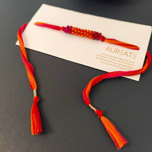 Pink/Orange Thread Wooden Beads Rakhi/Lumba set