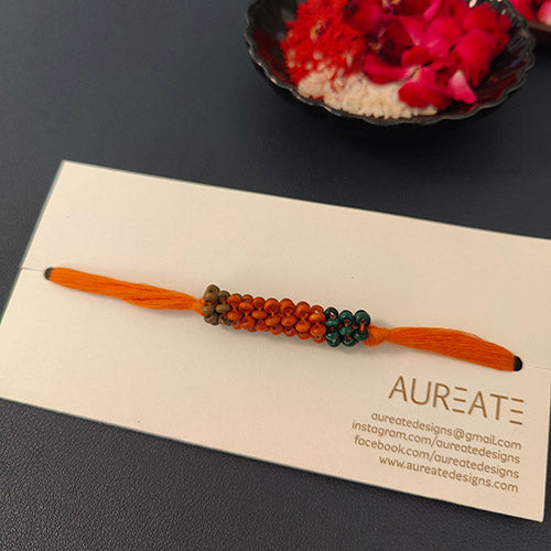 Orange/Teal Thread Wooden Beads Rakhi