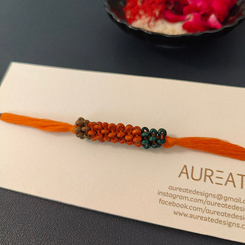 Orange/Teal Thread Wooden Beads Rakhi