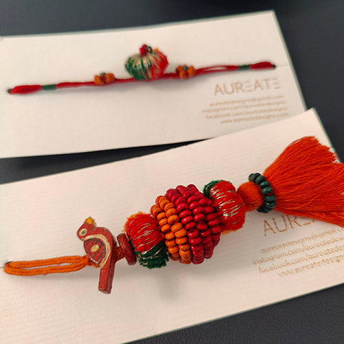 Red/Green Pom-pom Wooden Beads Rakhi/Lumba set