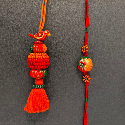 Red/Green Pom-pom Wooden Beads Rakhi/Lumba set