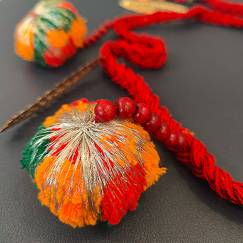 Mantra Red Green Gold Cotton Pompom Toran Door Charm