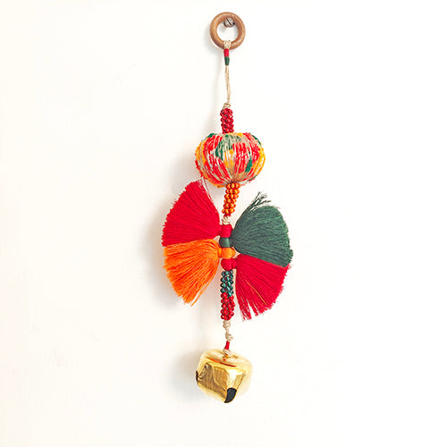 Arya Red Green Gold Cotton Pompom Toran Door Charm